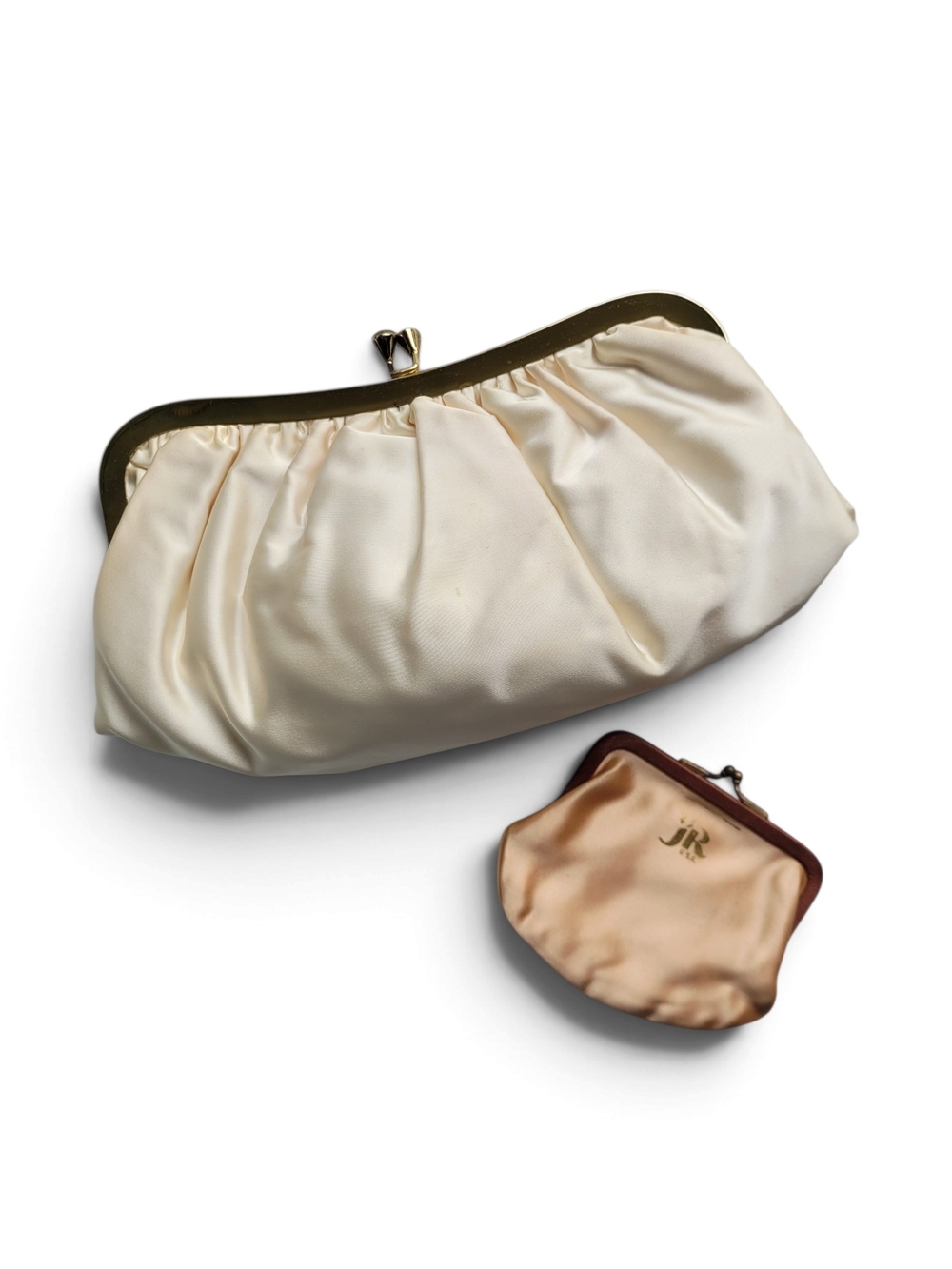 Vintage Julius Resnik Cream Satin Clutch and Coin Purse Set